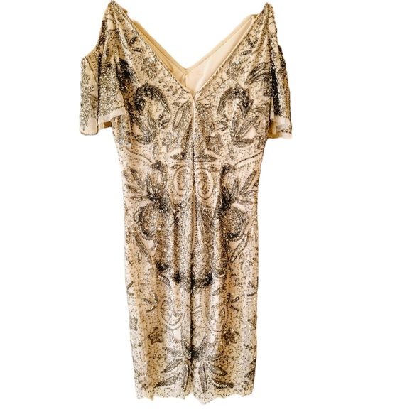 Aidan Mattox Champagne Sequined Beaded Cold Shoulder Formal Party Mini Dress - Picture 5 of 9
